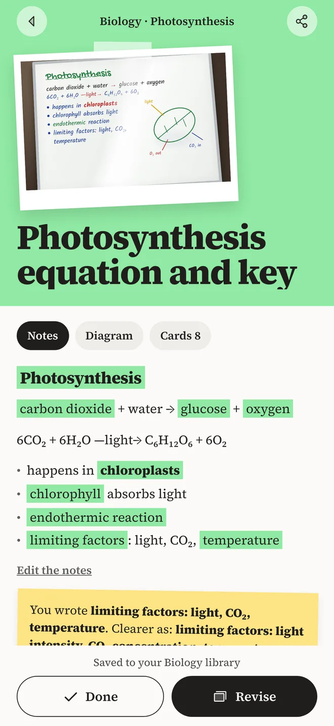 A Biology board typed up, with key terms highlighted