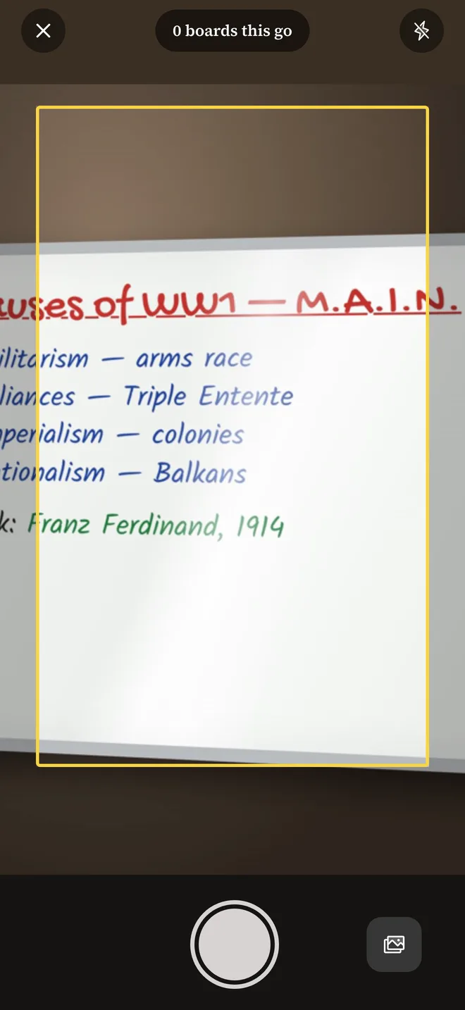 The camera, lining up a whiteboard of notes on the causes of the First World War